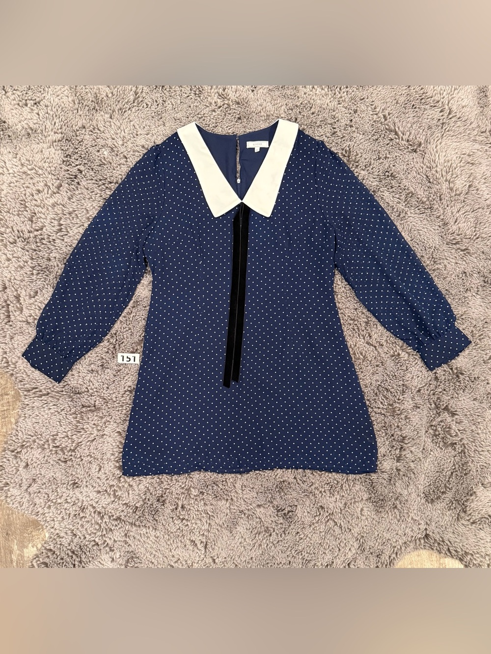 RIHOAS Navy Polka Dot Mini Dress with White Collar